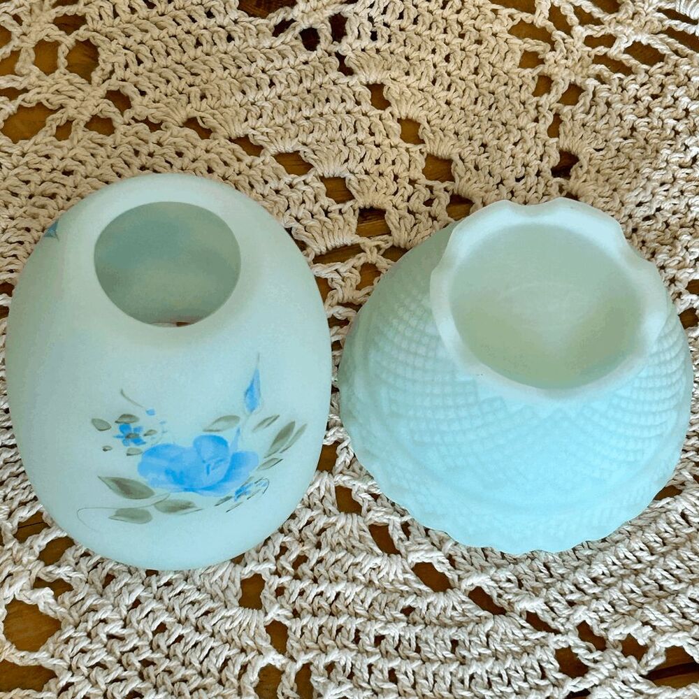 Vintage Fenton Fairy Lamp Hand Painted Blue Rose Satin Artist Signed - Picture 4 of 5